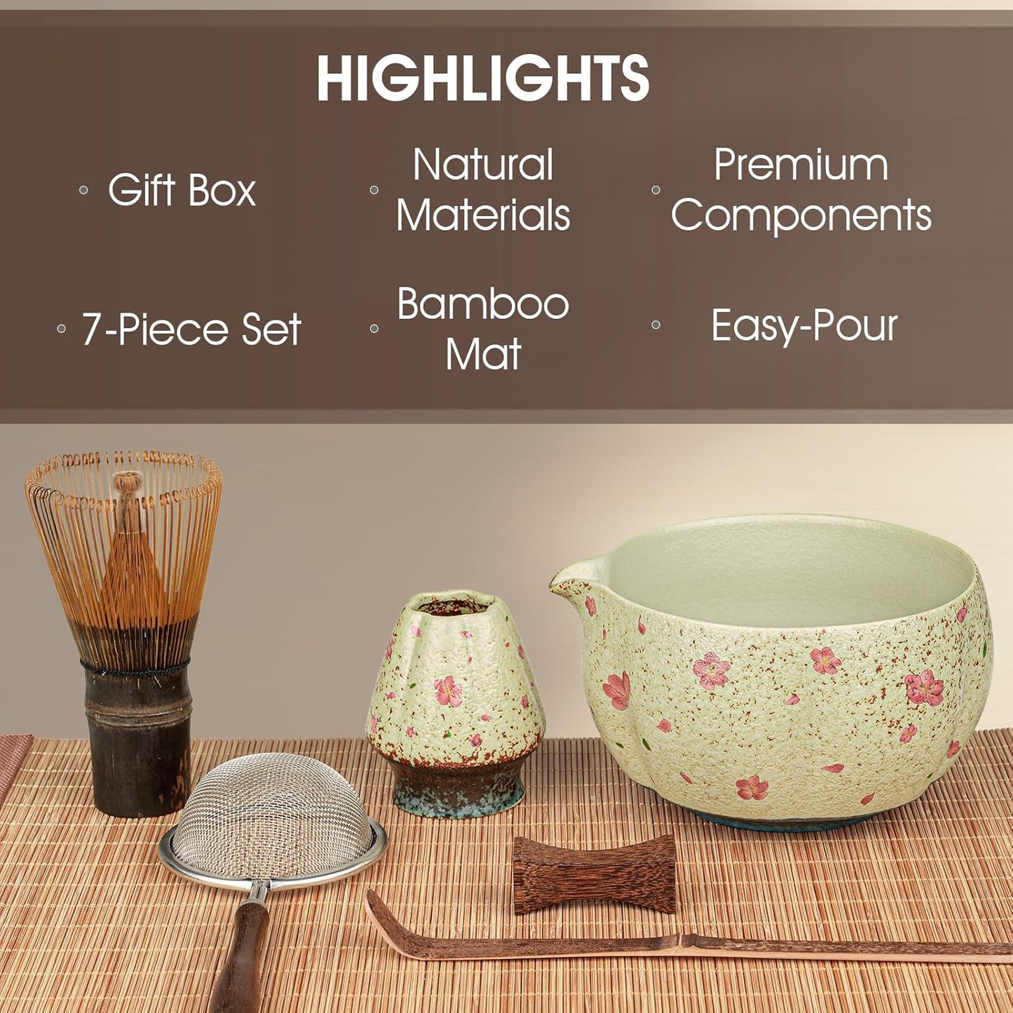 Matcha Whisk Set, 7-Piece Matcha Kit with Ceramic Bowl, Bamboo Whisk, Scoop, Sifter, Holder & Bamboo Mat – Premium Matcha Tea Set for Beginners & Matcha Lovers, Gift Ready