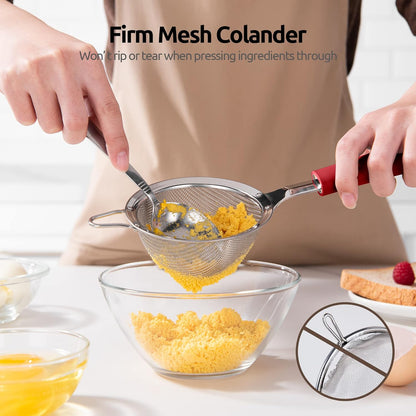 18/8 Stainless Steel Mesh Strainer: U-Taste 5.5 Inch Kitchen Fine Mesh Sieve Food Colander with Riveted Sturdy Silicone Handle and 30 Mesh Hole for Straining Flour, Pasta, Fruit, Quinoa(Aqua Sky)