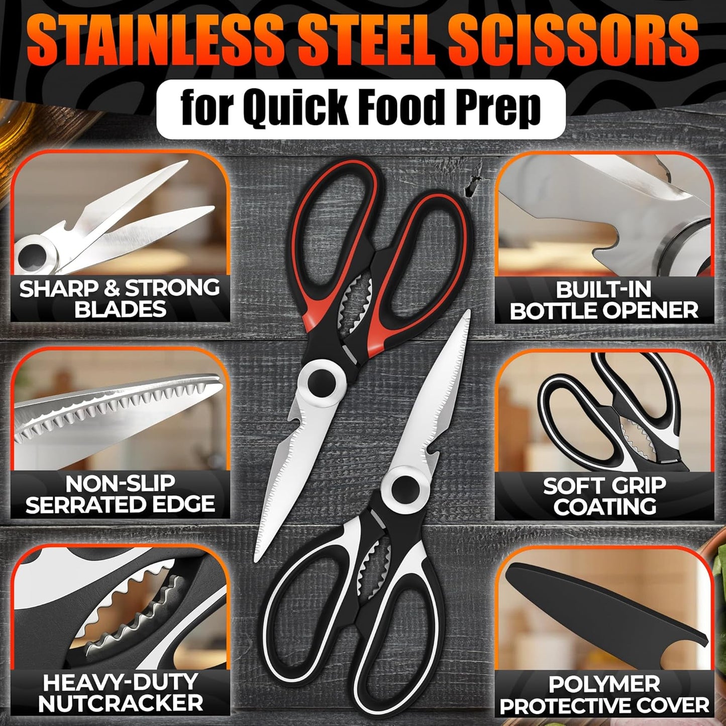2 in 1 Kitchen Scissors for Food – Stainless Steel Blade & Plastic Cutting Board Scissors with Safety Lock | 9.5" Tomato Knife, Fruit & Vegetable Cutter – Easy-to-Use Kitchen Shears for Meat, Cheese