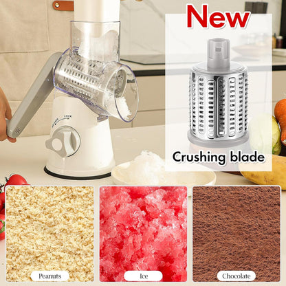 Ourokhome Rotary Cheese Grater Hand Crank, Kitchen Shredder Speed Mandolin Slicer Nut Grinder with Handle and Drum Blades for Cheese, Vegetable, Walnut, Chocolate, Potato, Carrot, 3 Blades, Dark Blue