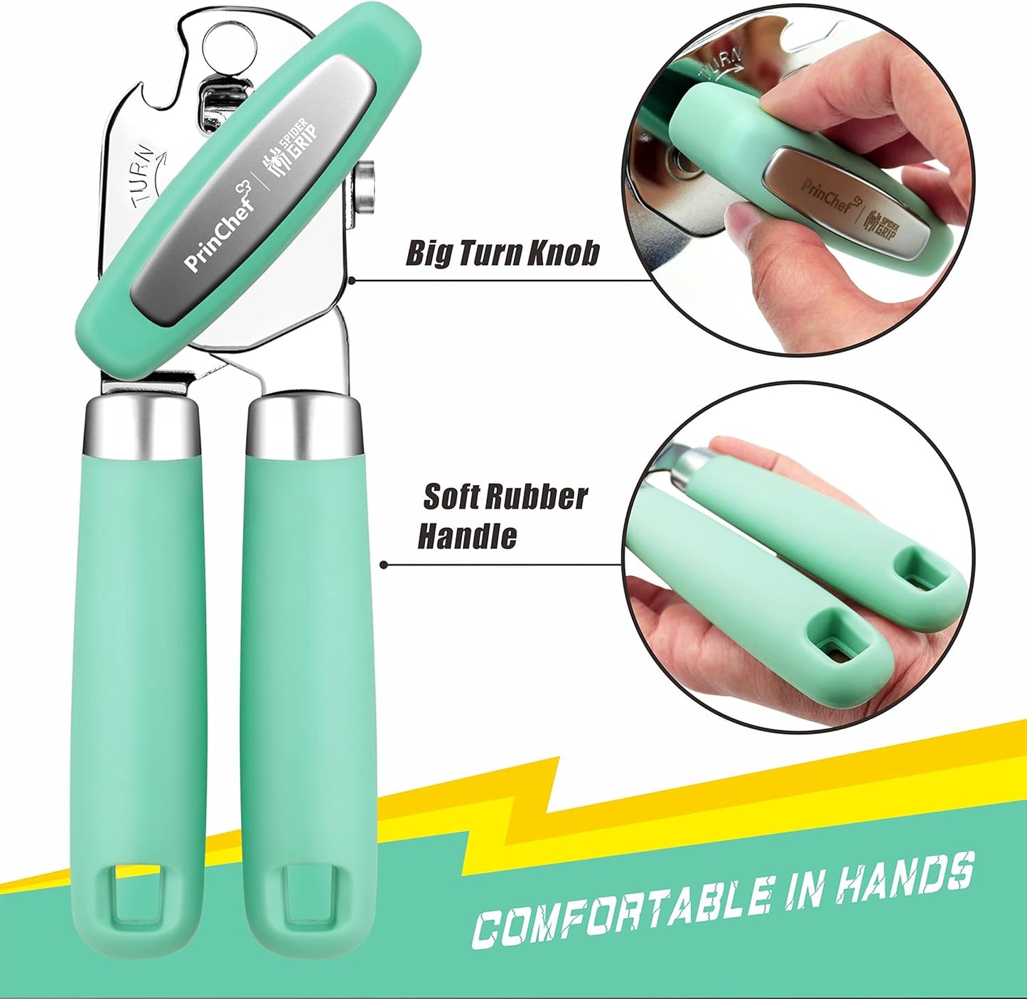 PrinChef Can Opener Manual, Can Tin Bottle Opener with Magnet - No-Trouble-Lid-Lift, Handheld Can Opener Smooth Edge with Sharp Blade, Heavy Duty and Easy to Use, for Seniors with Arthritis, Blue