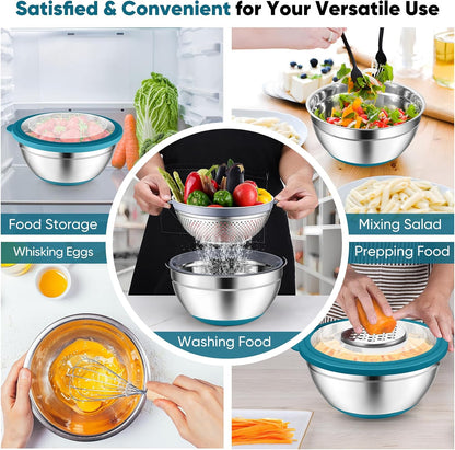 P&P CHEF Mixing Bowls with Lids Set of 3, Stainless Steel Mixing Bowl and Colander for Kitchen, 3 Grater Attachments & Non-Slip Bottoms, Visible & Airtight Lid, Khaki