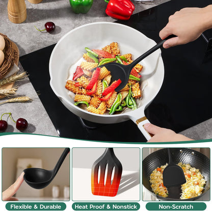 Onader Silicone Cooking Utensils Set of 10, Kitchen Utensils for Nonstick Cookware, Heat Resistant & Nontoxic Spatula Set- Khaki