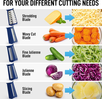 Zulay Kitchen Rotary Cheese Grater 5 Blade Cheese Shredder - Manual Hand Crank Cheese Grater With Reinforced Suction & 5 Interchangeable Drums - Easy to Use, Vegetable Chopper Round Mandoline Slicer - Colors B