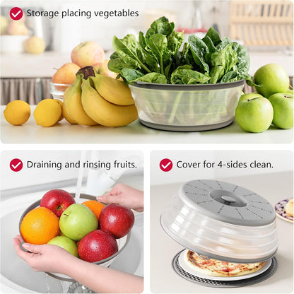 WVM Microwave Splatter Cover Vented for Food with Hook Hole, Splatter Guard & Colander Kitchen Gadget for Food, Meal Prep, Grey
