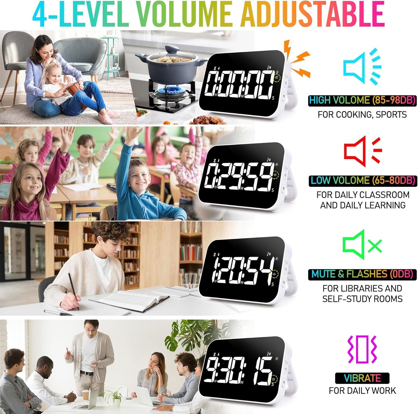 TXL Kitchen Timer for Cooking, Rechargeable Digital Magnetic Timer with Large LED Display, Loud Alarm, Sound Countdown, 4 Volume Levels and 3 Brightness for Classroom, Study (RGB)