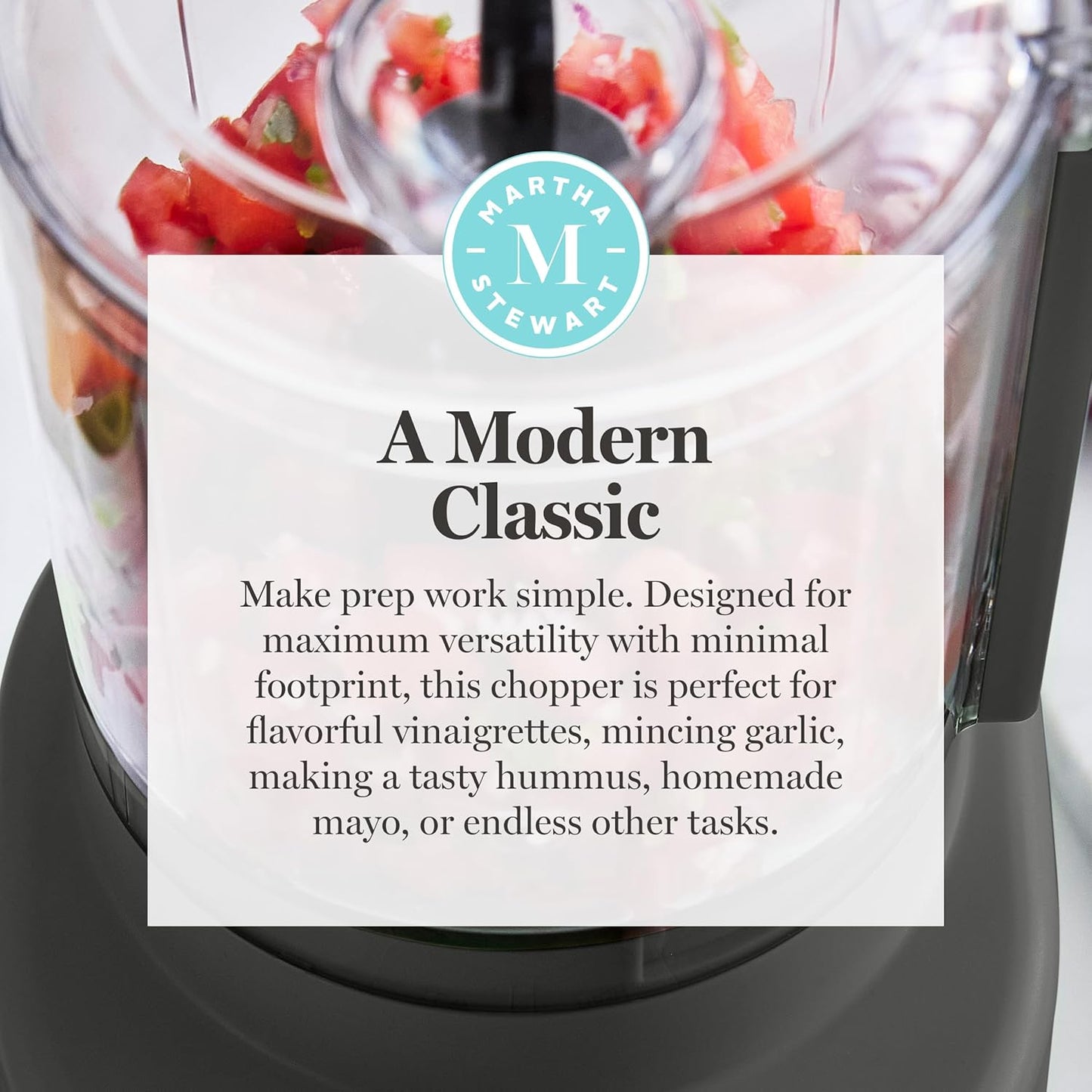 Martha Stewart 3 Cup Electric Food Chopper, Vegetable & Herb Mini Food Processor, 24oz BPA-Free Bowl, Stainless Steel Blades, Pour Spout, Dicing, Mincing, Chop & Puree, Dishwasher Safe, Sky