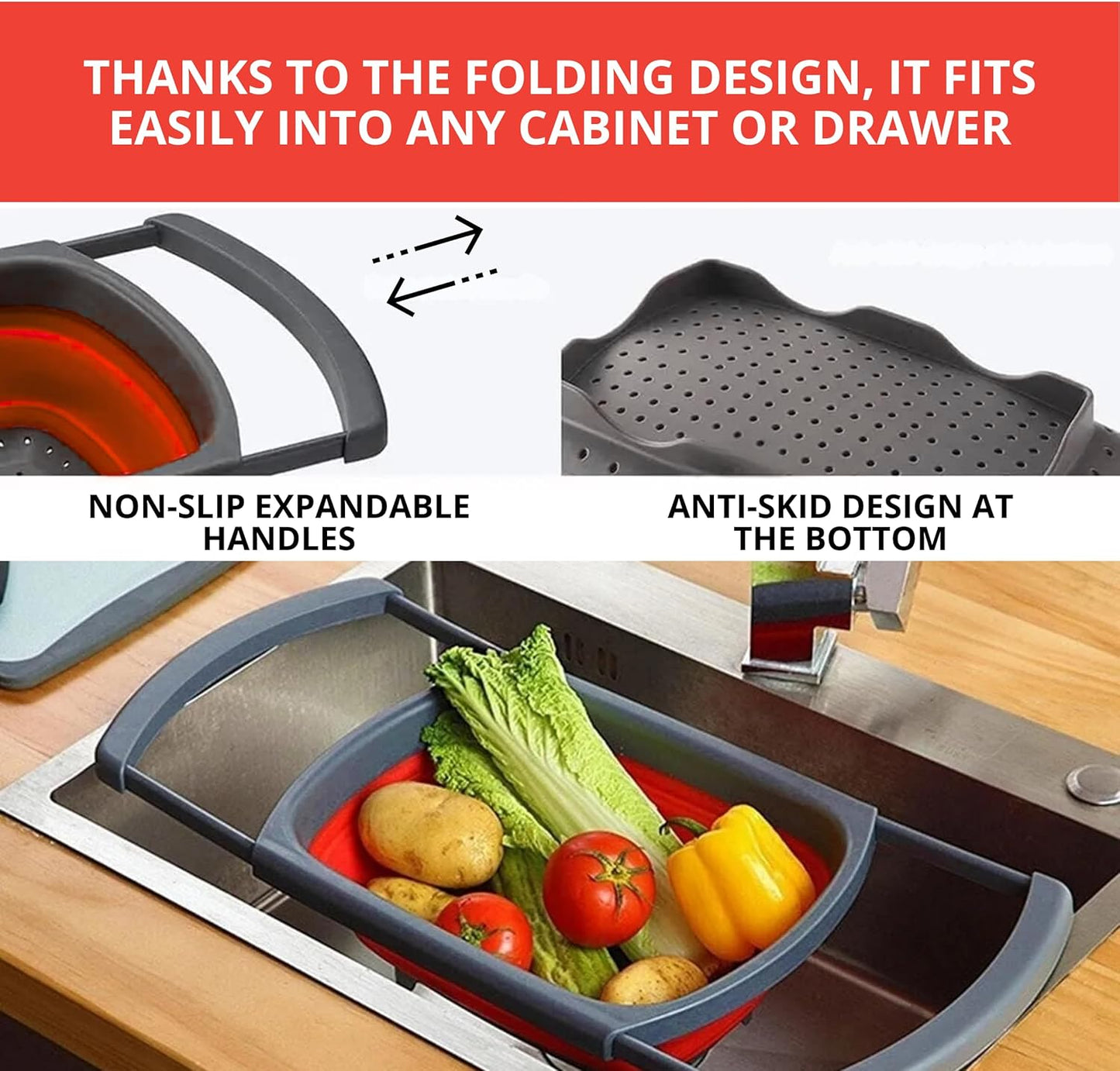 White Round Silicone Collapsible Colander – Silicone Round Kitchen Strainers with Plastic Handles Small Foldable Kitchen Strainer Perfect for Draining Pasta Vegetable and Fruit