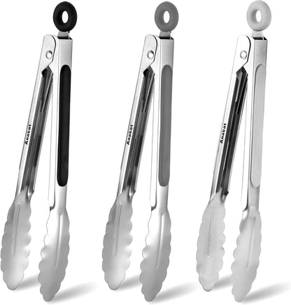 Anaeat Non-Stick Silicone Locking Tong Set of 3 - Stainless Steel 7", 9", 12" Kitchen Food Tongs with Non-Slip Silicone Tips and Grip for Cooking, Baking and BBQ - Heat Resistant up to 480°F (Black)