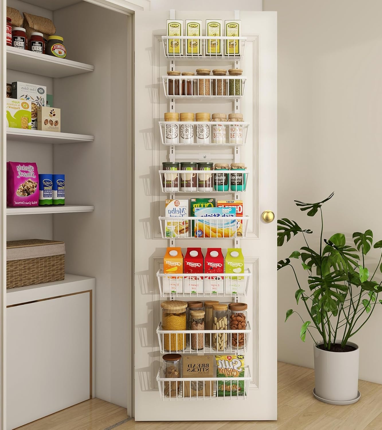 Mefirt White 9-Tier Over The Door Pantry Organizer, Pantry Organization and Storage, Deep Baskets Hanging Heavy-Duty Metal, Wall Spice Rack Seasoning Shelves for Home & Kitchen, Laundry Room Bathroom