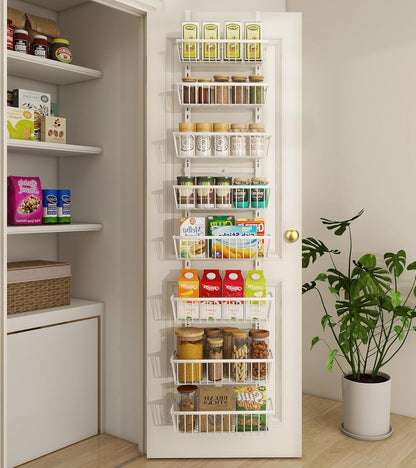 Mefirt White 9-Tier Over The Door Pantry Organizer, Pantry Organization and Storage, Deep Baskets Hanging Heavy-Duty Metal, Wall Spice Rack Seasoning Shelves for Home & Kitchen, Laundry Room Bathroom