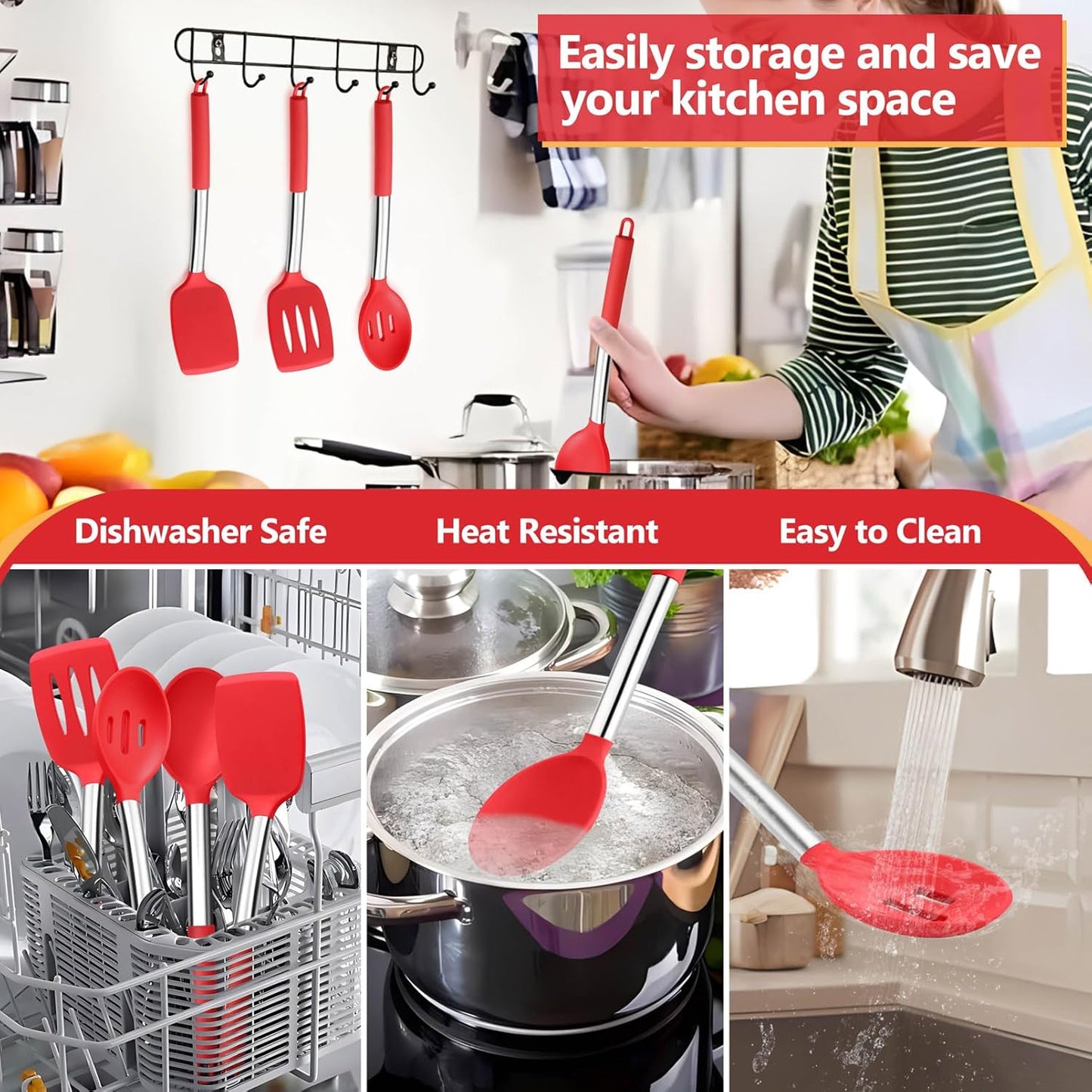 P&P CHEF Black Kitchen Cooking Utensil Set of 4, Silicone Solid Spatulas Slotted Spoons Turners for Non-stick Cookware Flipping Mixing, Heat-proof