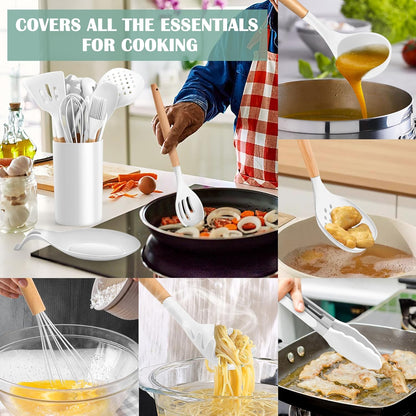 E-far Silicone Cooking Utensils Set, 10-Piece Heat Resistant Kitchen Utensils Set with Wooden Handle for Nonstick Cookware, Kitchen Nonstick Tools Spatula Whisk Tongs Ladle, Non-toxic & Healthy(Khaki)