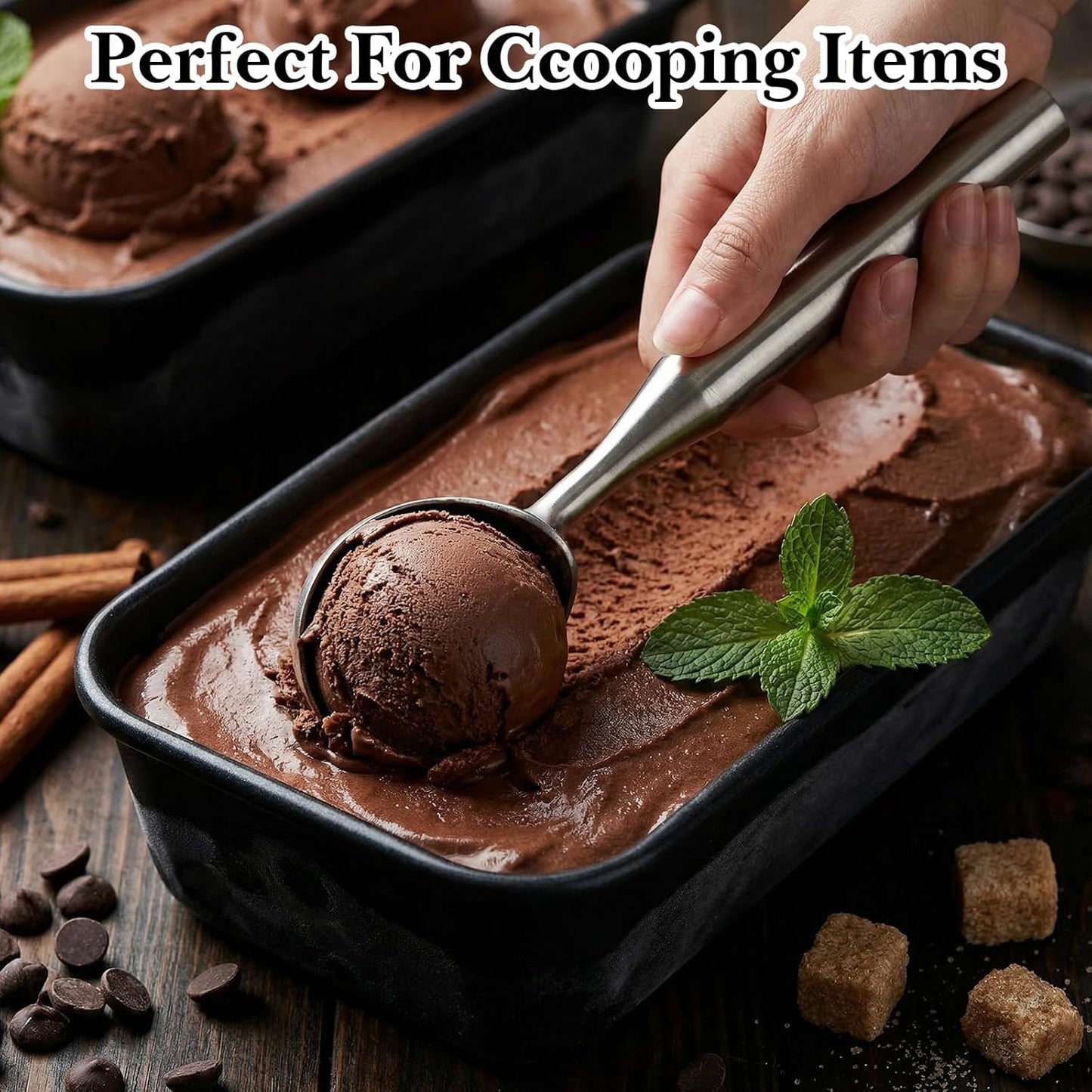 Ice Cream Scoop Stainless Steel, Ice Cream Scooper Seamless Design Comfortable Grip Long Handle for Gelato, Sorbet, Cookie Dough, Melon, Frozen Yogurt