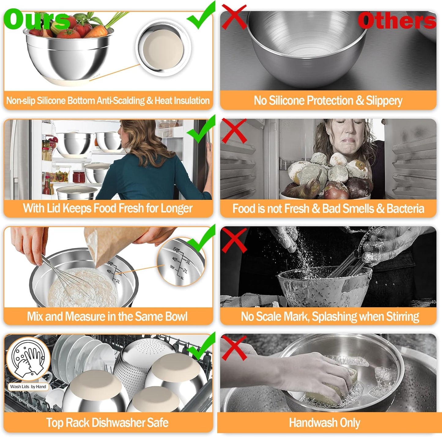 Nicdiet Mixing Bowls with Airtight Lids, Stainless Steel Mixing Bowl Set with 3 Metal Nesting Bowls, Colander & Grater, Non-Slip Bottoms, Size 1.5, 2.5, 5 QT, Great for Mixing & Serving, Khaki