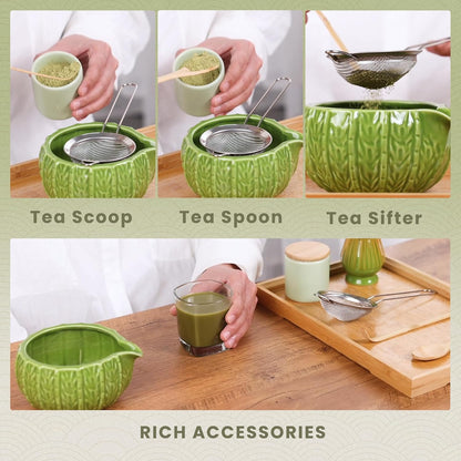 6-Piece Matcha Set, Matcha Whisk (Chasen) & Holder, Matcha Bowl with Spout, Sifter & Spoon, Bamboo & Ceramic, Dark Green