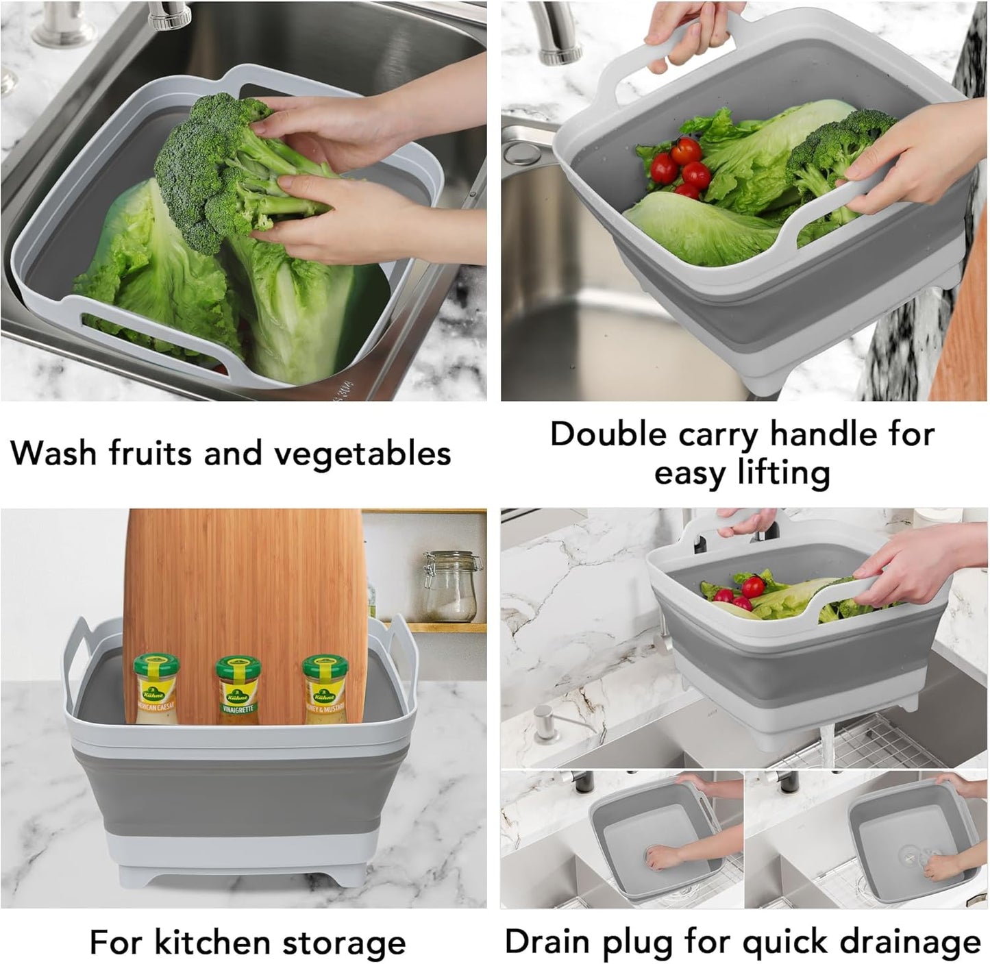 Tiawudi Dishpan for Washing Dishes, 2.4Gal/9L Wash Basin with Draining Plug Carry Handles, Collapsible Bucket for Cleaning, Portable Sink, Foldable Plastic Tub, 1PC