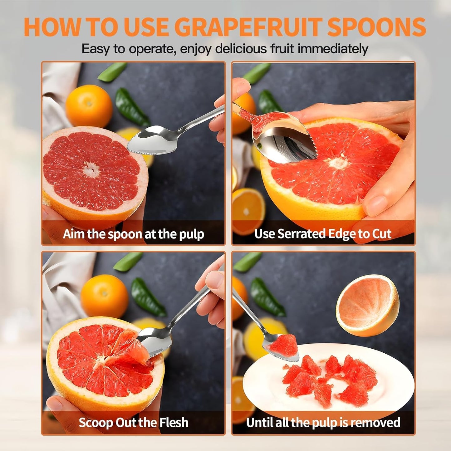 Grapefruit Spoon & Knife Set,Stainless Steel Grapefruit Spoon Utensil With Serrated Edge,Silver Kitchen Tool,Multi-Use for Citrus, Kiwi,Dessert, Avocado & More (3 PCS)