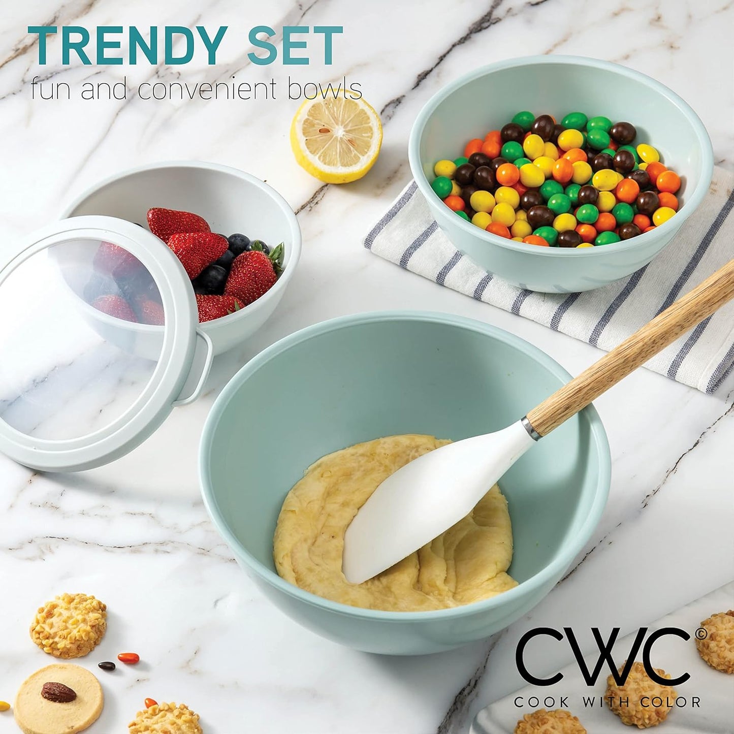 COOK WITH COLOR Mixing Bowls with Lids - 12 Piece Plastic Nesting Bowls Set includes 6 Prep Bowls and 6 Lids, Microwave Safe Mixing Bowl Set, Sage Embossed - Colors A