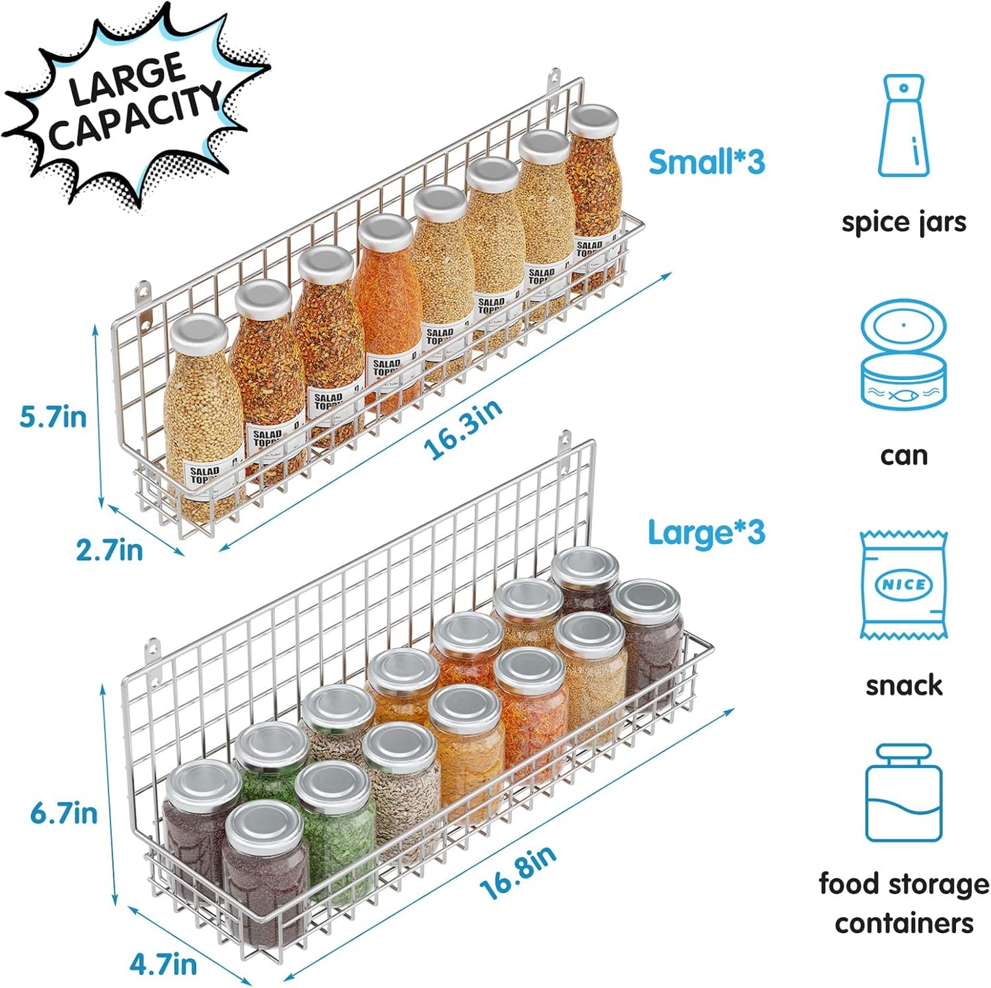 JKsmart 6-Tier Spice Rack Organizer with Door Hook, Wall Mounted & Over the Door Spice Racks for Kitchen Pantry Door Cabinet, Two Size, Large Capacity, Black