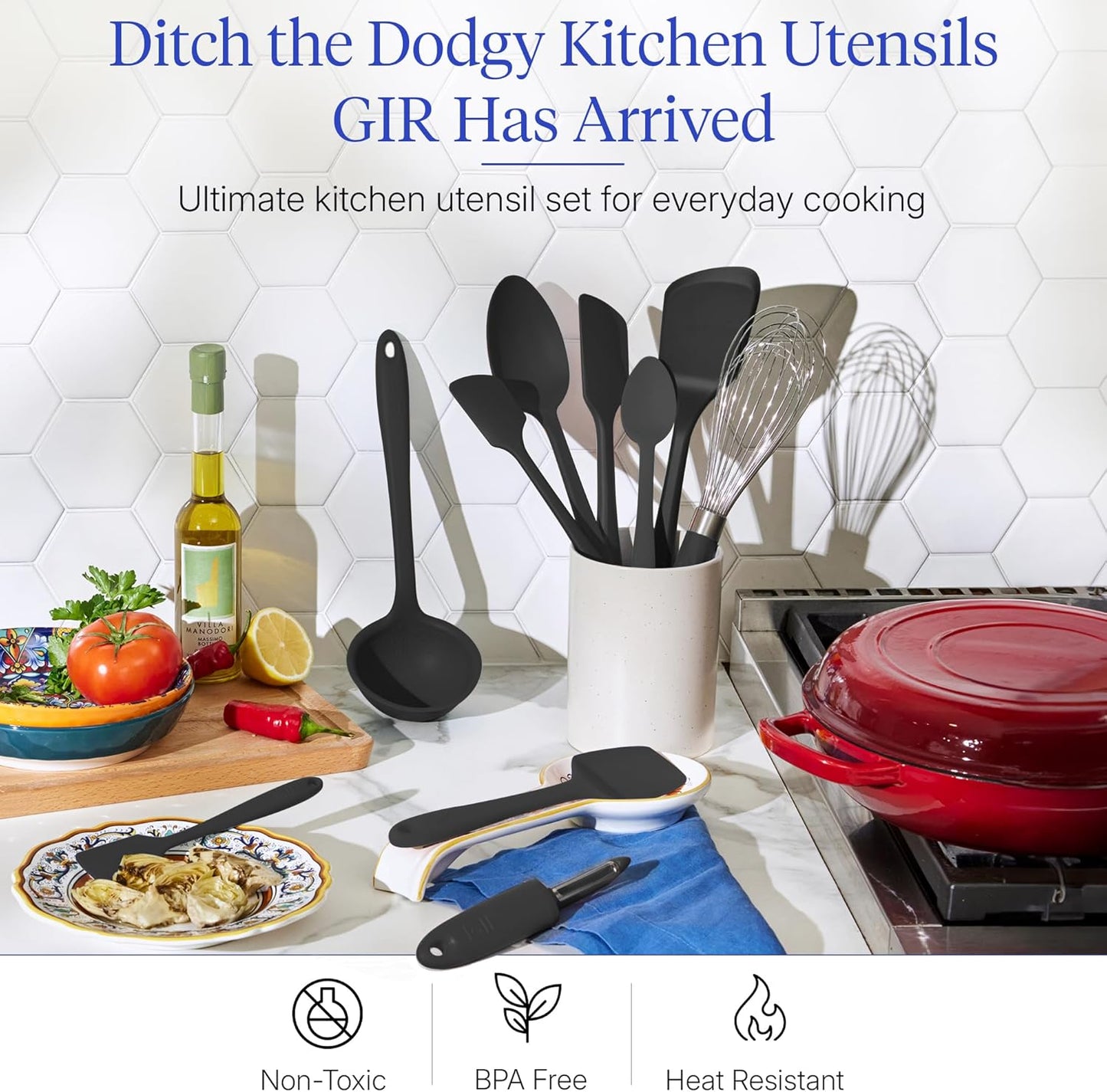 GIR: Get It Right 5-Piece Silicone Ultimate Kitchen Utensils Set - Ladle, Spatula, Flip, Spoon & Spoonula - Non-Toxic Cooking Utensils for Nonstick Cookware, Cooking and Baking - Black