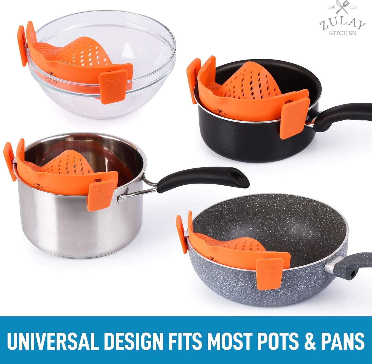 Zulay Silicone Pot Strainer - Adjustable Snap On Strainer For Most Pans & Pots - Food Grade, Heat Resistant, Colander For Draining Pasta, Fruits & Vegetables (Orange)