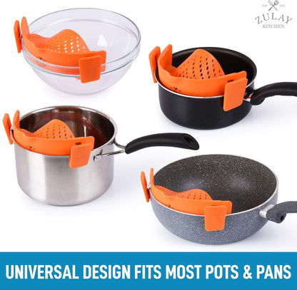 Zulay Silicone Pot Strainer - Adjustable Snap On Strainer For Most Pans & Pots - Food Grade, Heat Resistant, Colander For Draining Pasta, Fruits & Vegetables (Orange)