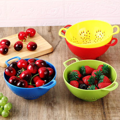 Baderke 4 Pack Mini Colander for Kitchen Plastic Berry Strainer with Double Handles 7.5 x 6 x 3 Inch Small Colander Strainer for Fruits Vegetables Food (Green, Purple, Red, Lemon Yellow)
