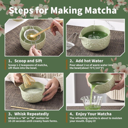 Matcha Whisk Set, 5 Pcs Ceramic Matcha Set, Matcha Kit Set Includes Matcha Bowl, Matcha Whisk and Holder, Bamboo Scoop and Sifter, Matcha Tea Set, Ideal Gift for Family/Friend (Pink)