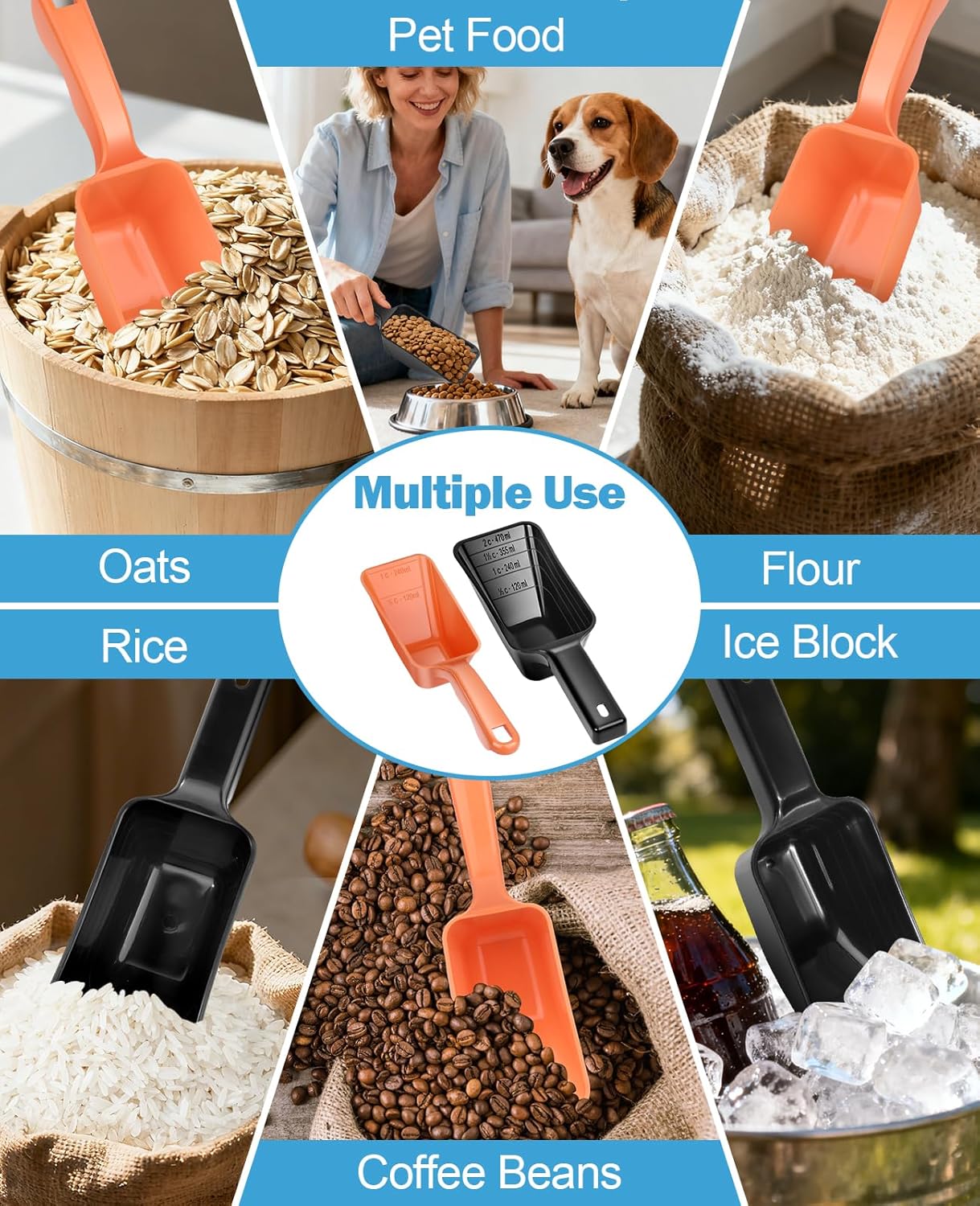 2-Pack Dog Food Scoop Set,1 Cup and 2 Cup Plastic Pet Food Measuring Scoops with Clear Measurement Lines,Multi-Purpose Pet Food Scooper for Dogs, Cats (Green and Black)