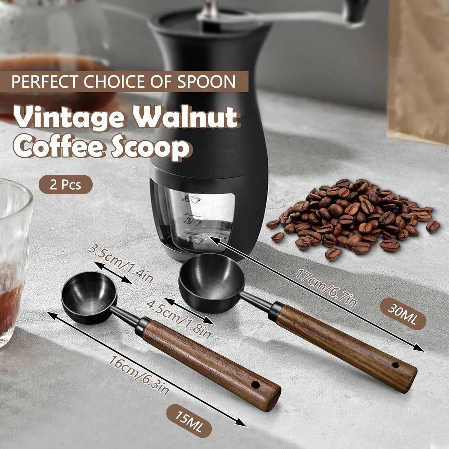 2Pcs Coffee Scoop for Ground Coffee - 1 Tbsp (15ml) & 2 Tbsp (30ml) Tablespoon Scoop, 304 Stainless Steel Coffee Measuring Spoon with Long Walnut Wood Handle, Silver