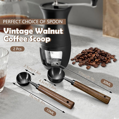 2Pcs Coffee Scoop for Ground Coffee - 1 Tbsp (15ml) & 2 Tbsp (30ml) Tablespoon Scoop, 304 Stainless Steel Coffee Measuring Spoon with Long Walnut Wood Handle, Silver