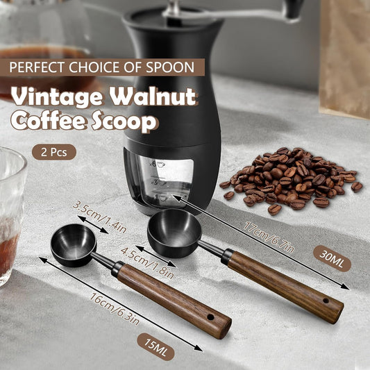 2Pcs Coffee Scoop for Ground Coffee - 1 Tbsp (15ml) & 2 Tbsp (30ml) Tablespoon Scoop, 304 Stainless Steel Coffee Measuring Spoon with Long Walnut Wood Handle, Silver