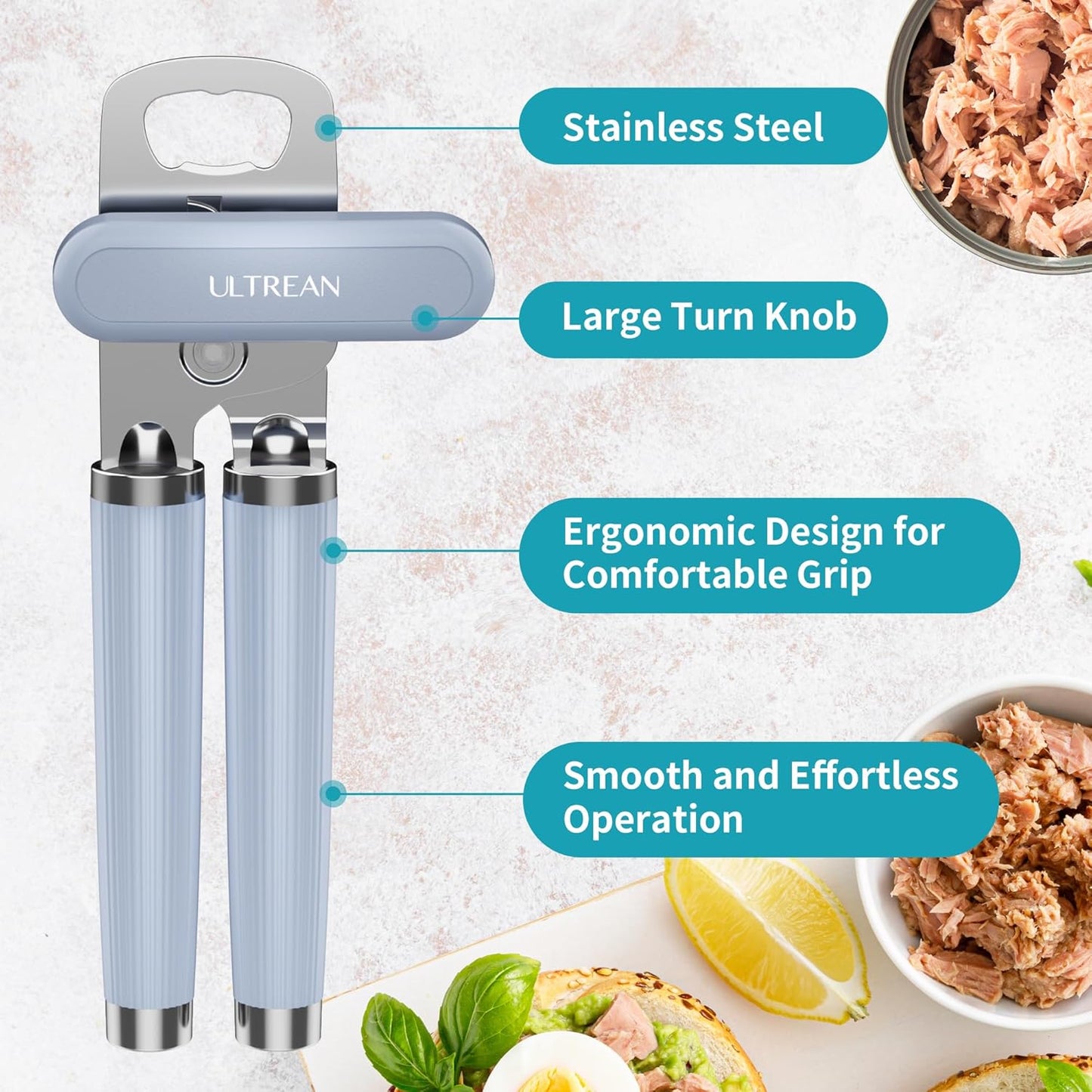 Ultrean Manual Can Opener Bottle Opener, Heavy Duty Stainless Steel Smooth Edge Manual Hand Held Can Opener With Soft Touch Handle, Rust Proof Oversized Handheld Easy Turn Knob (Black)