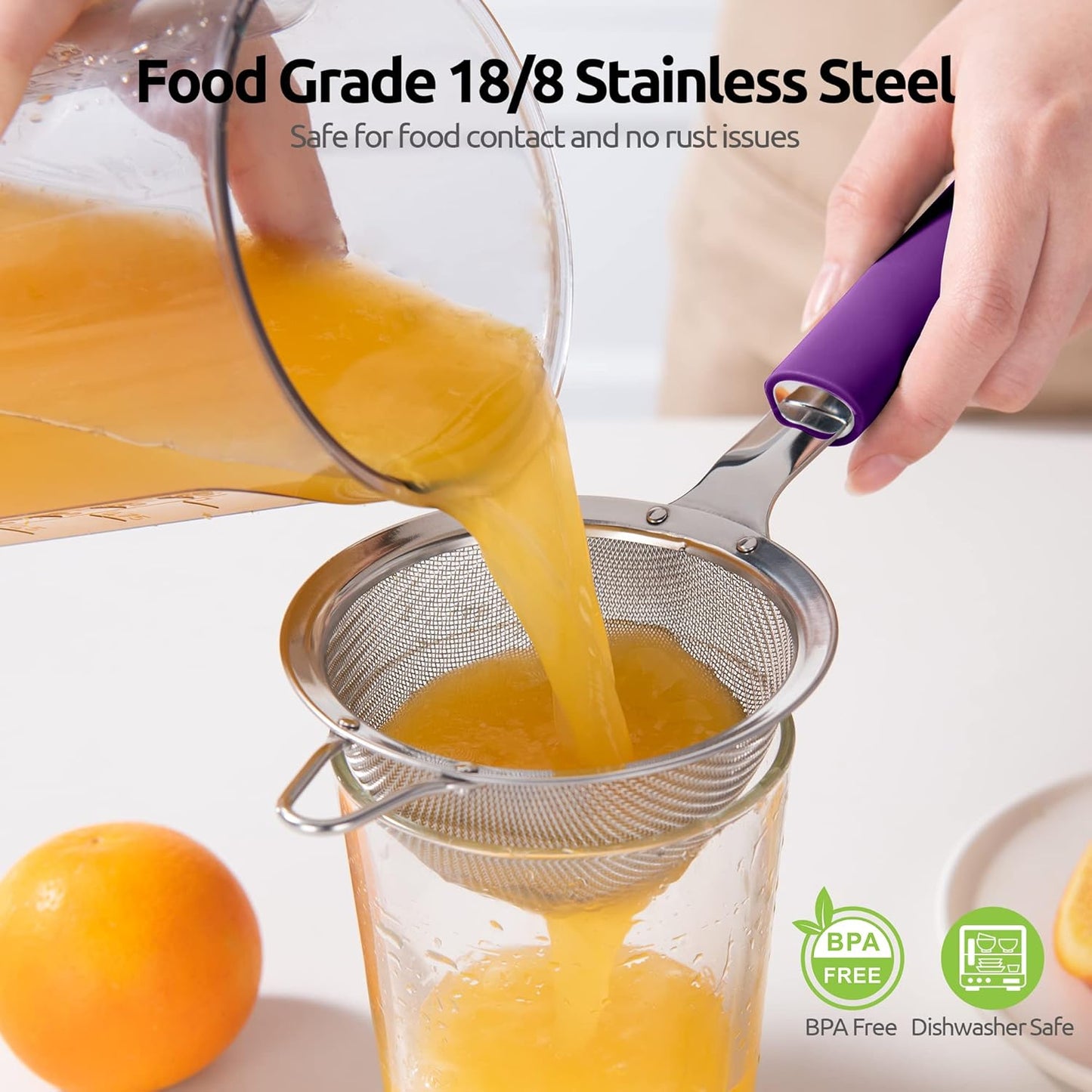 18/8 Stainless Steel Mesh Strainer: U-Taste 5.5 Inch Kitchen Fine Mesh Sieve Food Colander with Riveted Sturdy Silicone Handle and 30 Mesh Hole for Straining Flour, Pasta, Fruit, Quinoa(Aqua Sky)