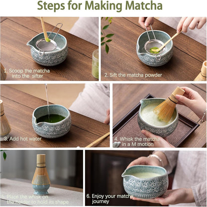 Buucup Matcha Whisk Set, Ceramic Matcha Kit Set Includes Matcha Bowl, Matcha Whisk and Holder, Bamboo Scoop, Scoop Rest, Sifter and Tea Towel - 7 Pcs Matcha Kit for Matcha Lovers (Mottled Green)