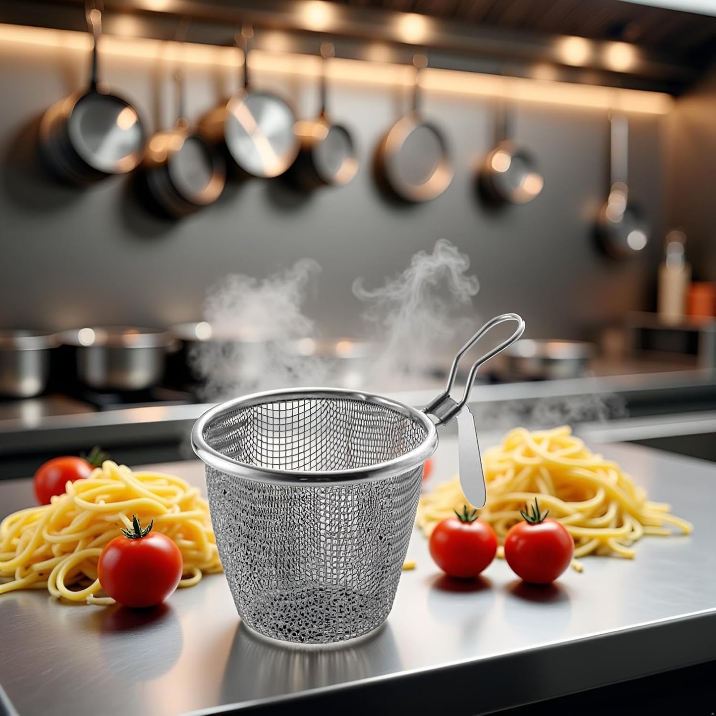 Stainless Steel Pasta Basket, Fine Mesh Strainer with Handle, Mesh Spider Food Dumpling Noodle Strainer Food Strainer Kitchen Utensils
