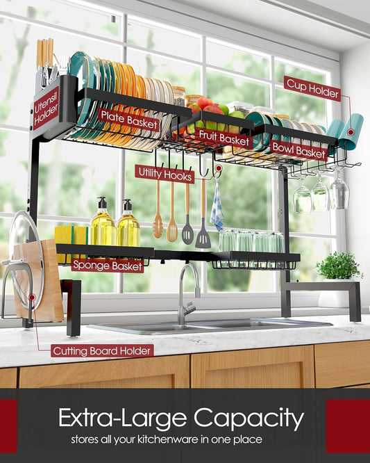 Sakugi Over The Sink Dish Drying Rack - Adjustable 2 Tier Large Capacity Stainless Steel Drainer with Cutlery & Utensil Holders, Kitchen Storage & Organization, 30"-33.9" L x 11" W x 21.5" H, Black