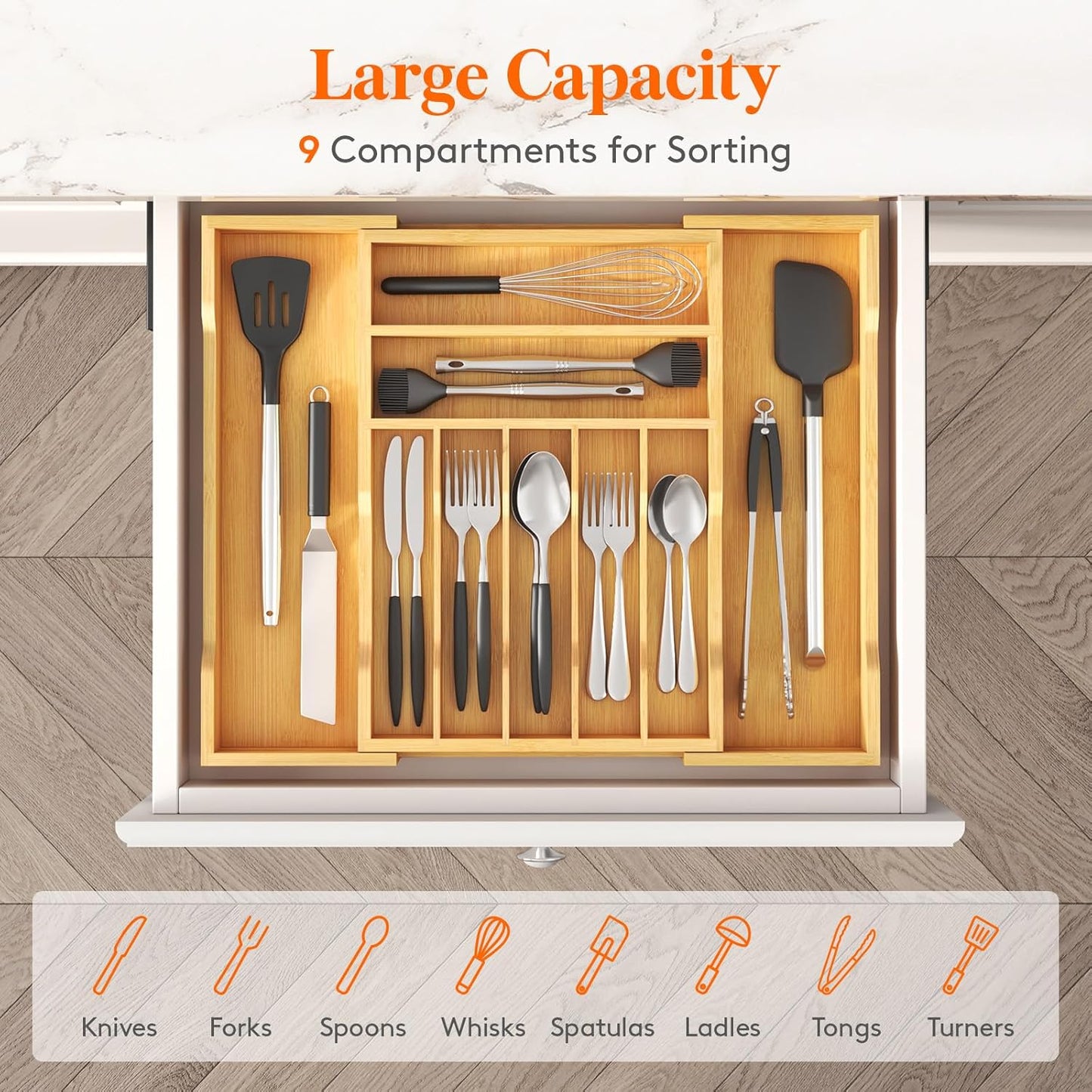Lifewit Silverware Drawer Organizer, Expandable Utensil Tray for Kitchen, Flatware and Cutlery Holder, Wood Adjustable Storage for Spoons Forks Knives, 13-22x15/ 33-56x38cm, Natural