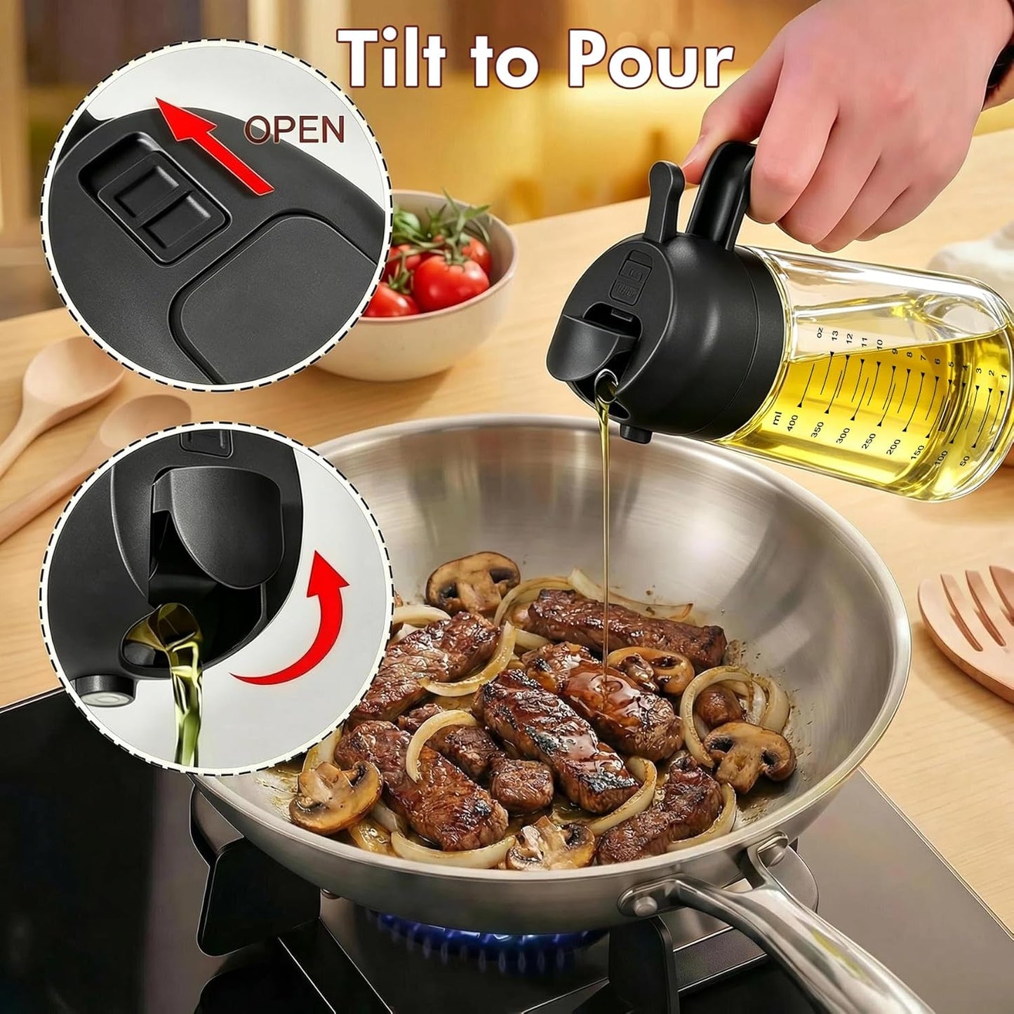 Poshetion 2 in 1 Olive Oil Sprayer for Cooking, 16oz Light-Proof Oil Dispenser for Kitchen, Leak-Proof Oil Spray Bottle for Air Fryer, Salad, BBQ, Baking, Grilling - Black & Green