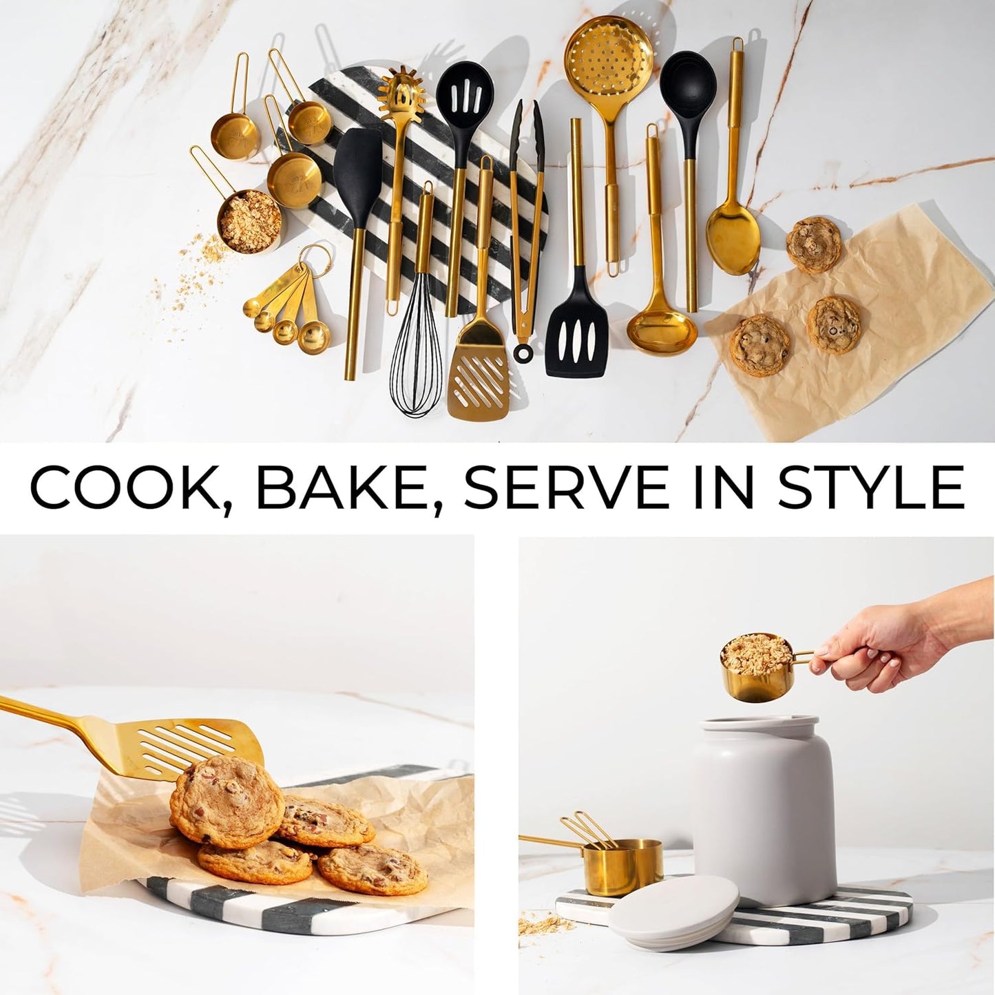 Gold Cooking Utensils with Measuring Cups and Spoons Set - 13-Piece Luxury Gold Kitchen Accessories Includes Metal Measuring Cups and Spoons for Baking, Cooking, and Elegant Kitchen Decor