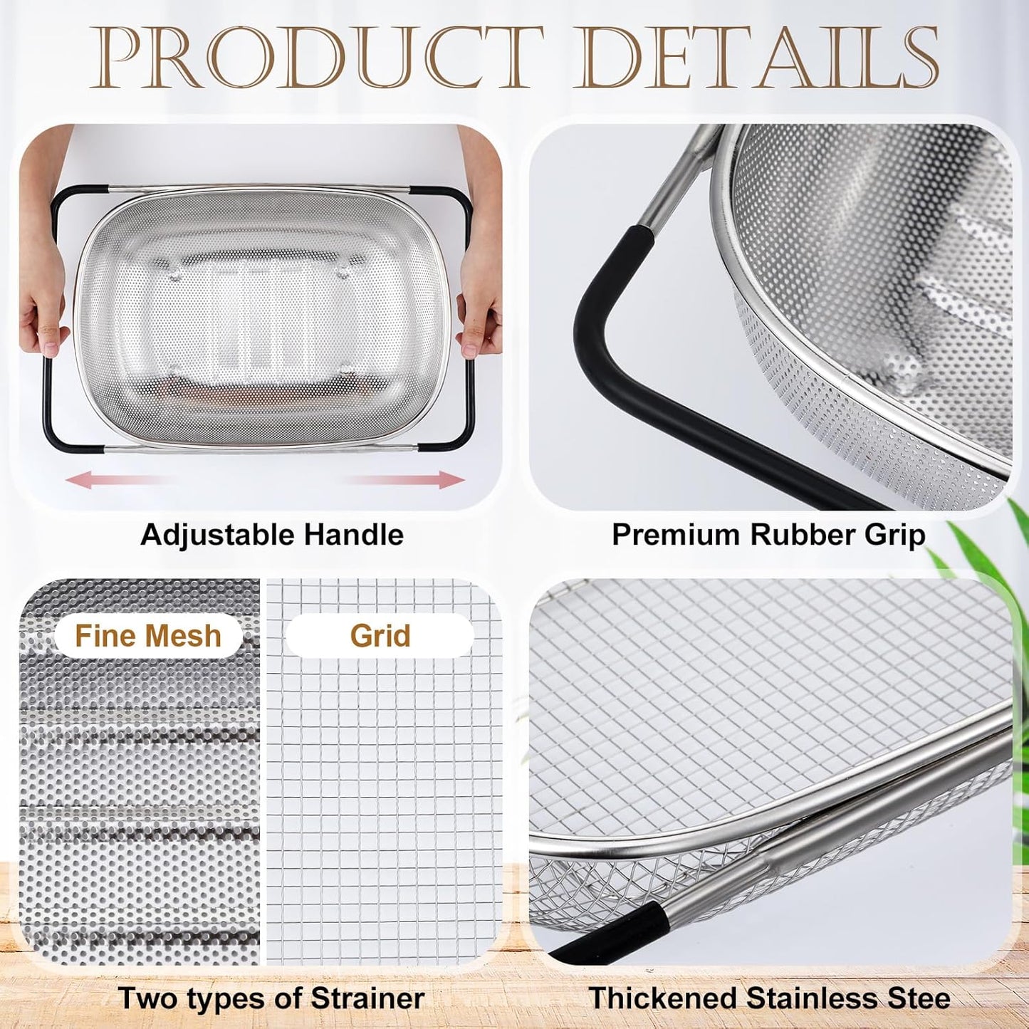 Tioncy 2 Pcs Large Over The Sink Colander, 6 Quart Stainless Steel Colander with Fine Mesh or Grid, Strainer Basket with Expandable Rubber Handles, Strain, Drain, Rinse Vegetable Fruit for Kitchen