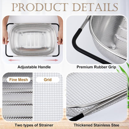Tioncy 2 Pcs Large Over The Sink Colander, 6 Quart Stainless Steel Colander with Fine Mesh or Grid, Strainer Basket with Expandable Rubber Handles, Strain, Drain, Rinse Vegetable Fruit for Kitchen