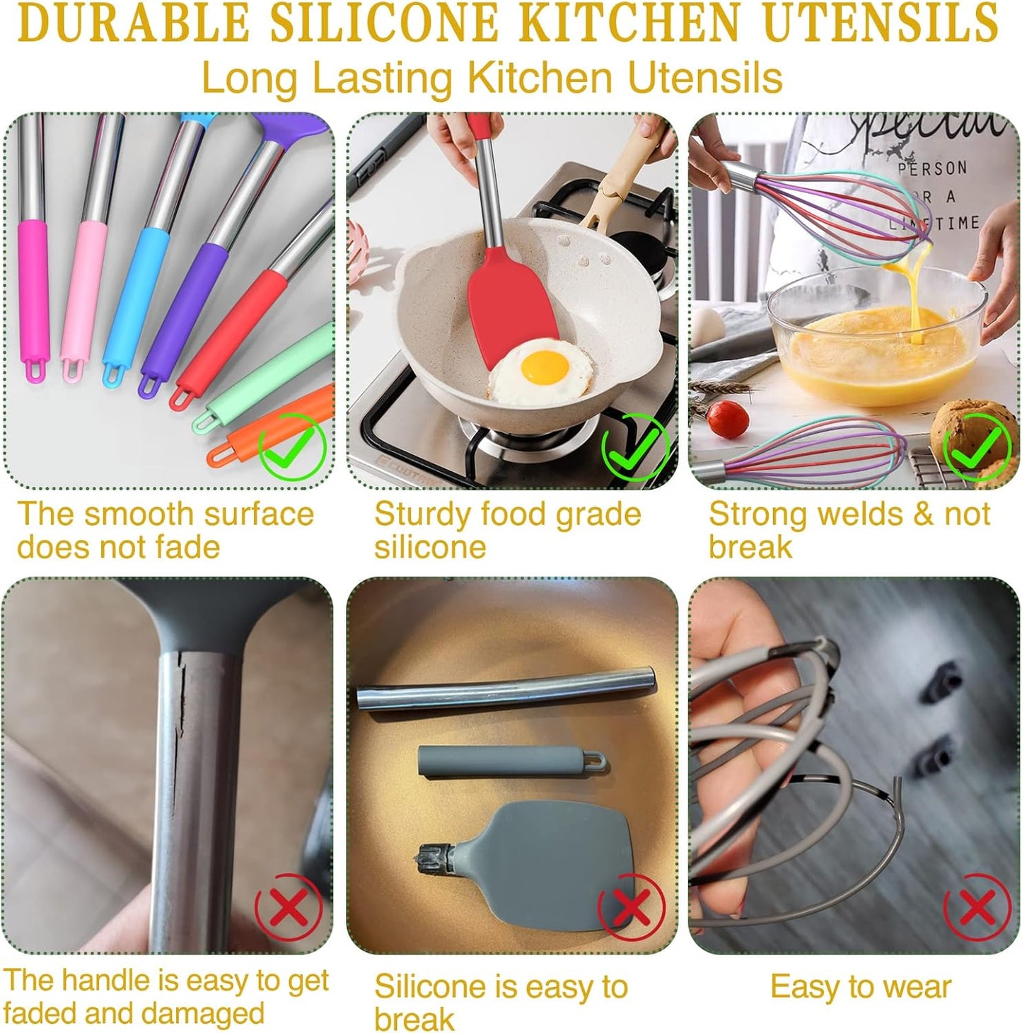 Silicone Cooking Utensil Set, Umite Chef 15pcs Silicone Cooking Kitchen Utensils Set, Non-stick - Best Kitchen Cookware with Stainless Steel Handle - Black Kitchen Utensils