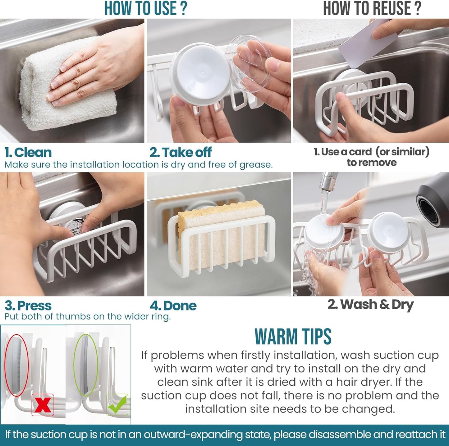 TAILI Sponge Holder for Kitchen Sink with Strong Suction Cup Removable, Rustproof Aluminum Sink Caddy for Sponge, Brush, Scrubber, Scraper -Silver