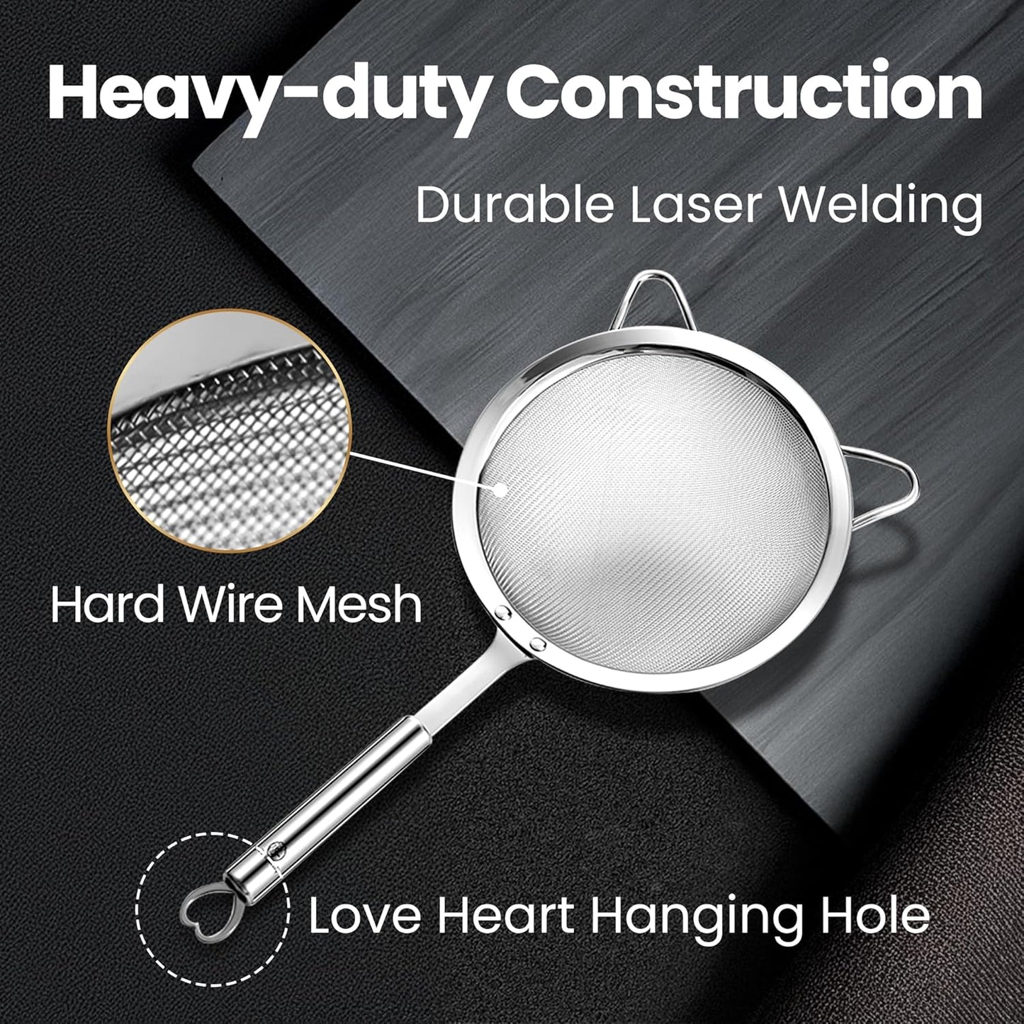 Stainless Steel Fine Mesh Strainer Set, Colander Set with 1 Large Flour Sifter (Sturdy Handle), 1 Small Mesh Sieve for Pasta & Rice, 1 Silicone Can Strainer – Durable, Dishwasher Safe, 5-Year Warranty