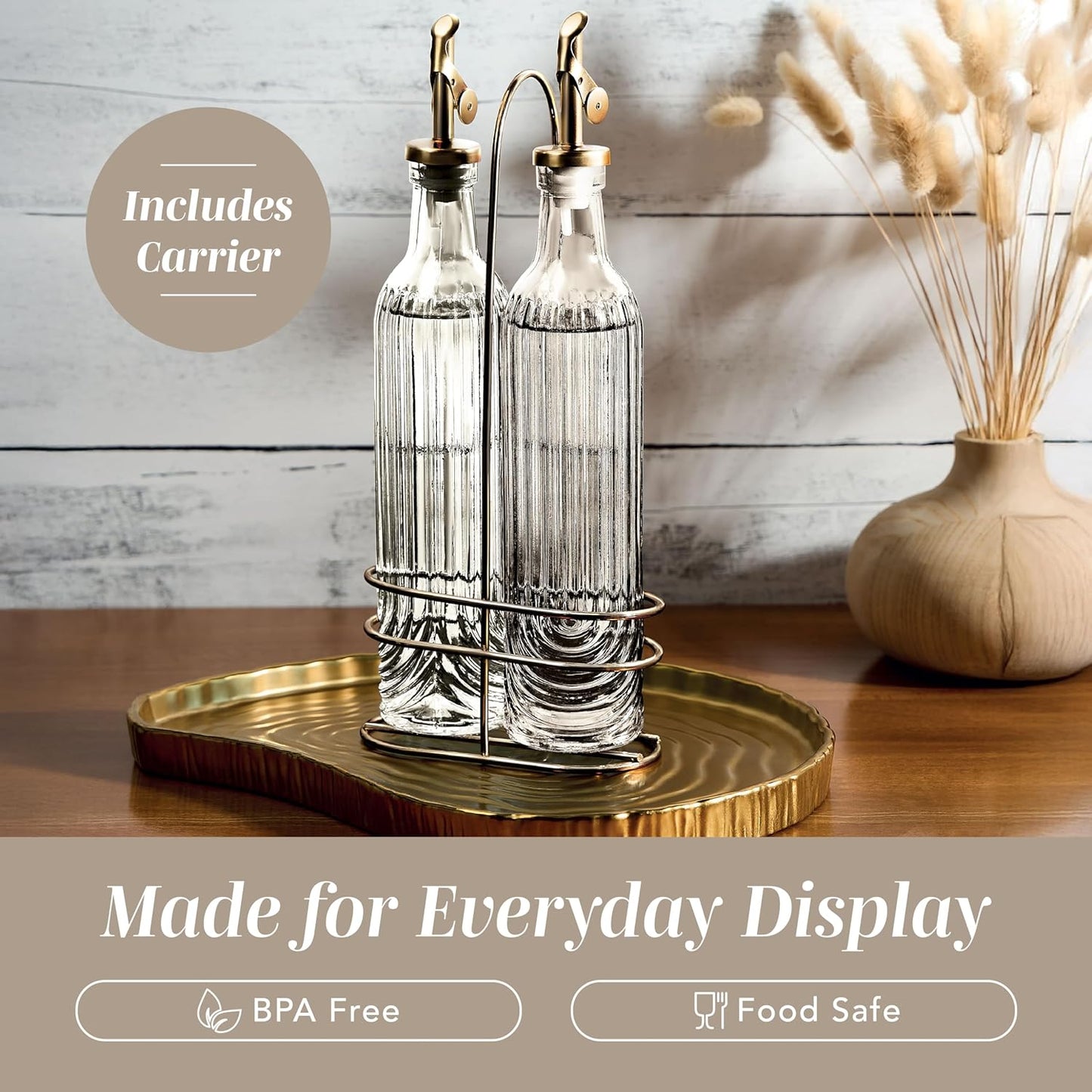 COOK WITH COLOR Glass Olive Oil Bottle Dispenser - 2 Pack- 17oz Oil and Vinegar Cruet - Olive Oil Carafe Decanter for Kitchen, Elegant Waves, Clear