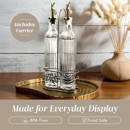 COOK WITH COLOR Glass Olive Oil Bottle Dispenser - 2 Pack- 17oz Oil and Vinegar Cruet - Olive Oil Carafe Decanter for Kitchen, Elegant Waves, Clear