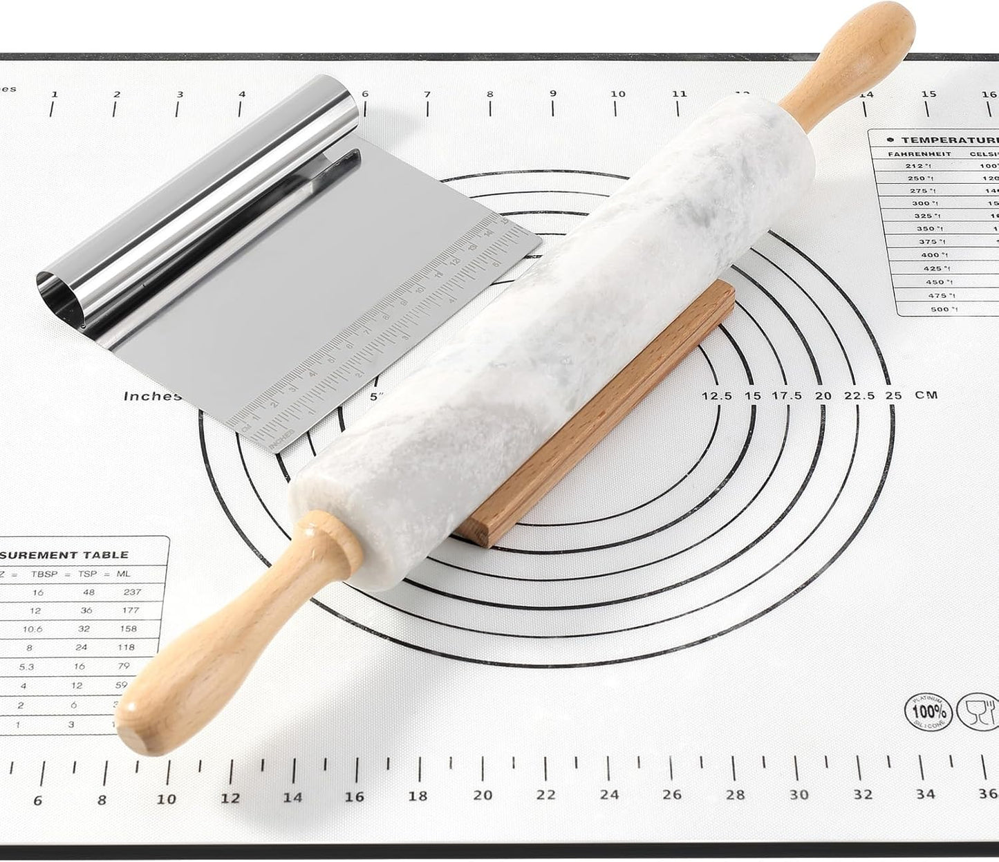 Koville African Natural Marble Rolling Pin, Non-Stick Polished Dough Roller, Pasta, Dumpling, Fondant, Pie Crust, Bread, Pizza Dough, Kitchen Baking Pastry Tools with Mat/Scraper（Namib Fantasy）