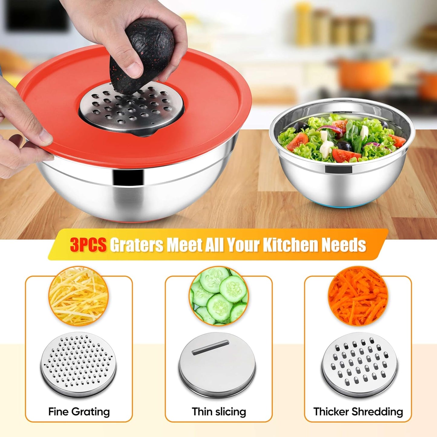 E-far Stainless Steel Mixing Bowls with Lids Set, 5-Piece Nesting Salad Bowls with 3 Grater Attachments and Non-Slip Bottoms, Size 4.6, 2.6, 2, 1.5, 1QT for Kitchen (Black)